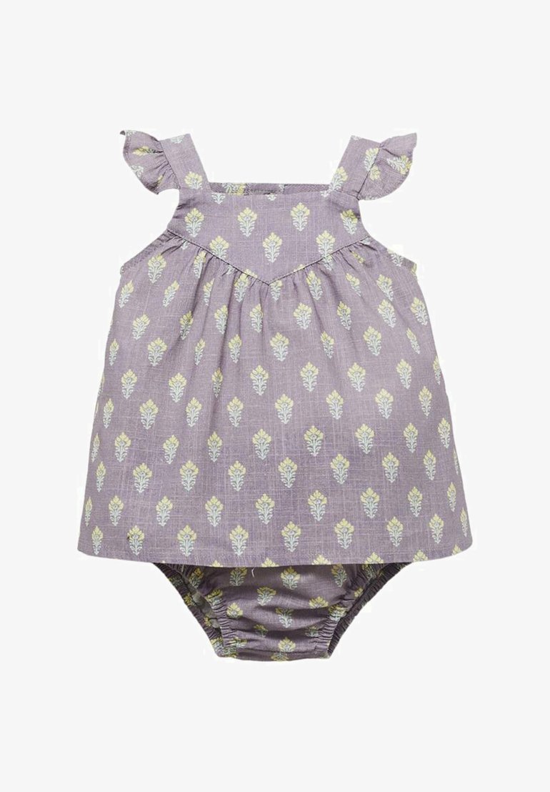 Rochie din bumbac mov, cu bretele și accente volanate. Are un model cu frunze în galben și verde. Fustă moale, plisată, peste şorturi atașate.