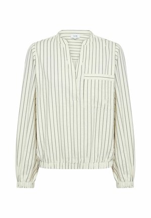 Leichte, cremefarbene Bluse mit vertikalen schwarzen Streifen, halblanger Knopfleiste, langen Ärmeln sowie elastischen Bündchen und Saum. Kleine Brusttasche.