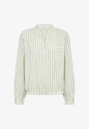 Könnyű, krémszínű blúz függőleges fekete csíkokkal, félig gombos záródással, hosszú ujjal, rugalmas mandzsettával és szegéllyel. Kis mellzseb.