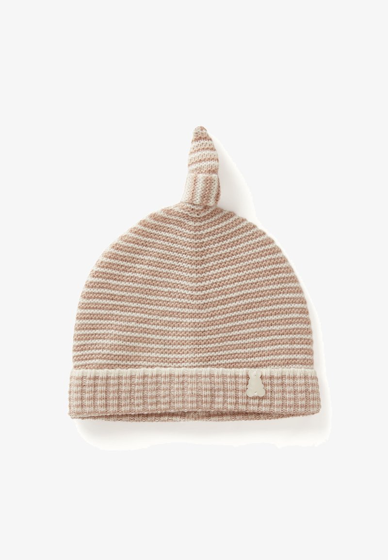 Pletene čepice v světle růžové a bílé pruhy, s špičatou horní částí a žebrovaným lemem, na boku s malým akcentem ve tvaru králíčka.