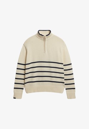 Suéter color crema con cuello de media cremallera. Presenta rayas horizontales en color marino y puños/bajo ribeteados. Textura de punto suave, detalle de logo sutil.