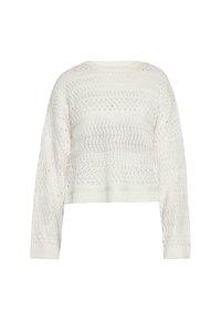 Rövidre vágott fehér kötött pulóver, amely texturált cikkcakk mintával rendelkezik, apró lyukakkal és bordázott szegéllyel. Hosszú ujjak és kerek nyakú.