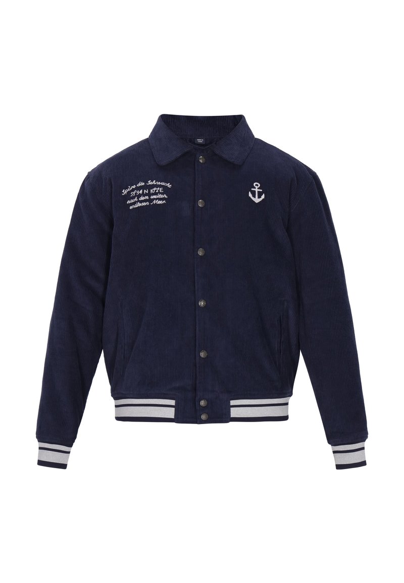 Marineblå kordjakke med knaplukning, spidse krave, broderet ankerdetalje, hvide striber ved manchetterne og kanten samt sidelommer.