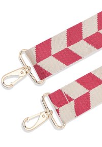 Vävd rem i kräm och rosa geometriskt mönster med guldfärgade metalldetaljer. Har en platt, texturerad yta för grepp och hållbarhet.