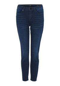 Dunkelblaue Denim-Jeans mit einer figurbetonten Passform, Fünf-Taschen-Design und subtilen vertikalen Waschungen auf der Vorderseite für texturierte Details.