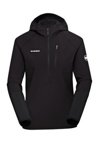 Black Mammut jacket with a hood, featuring a zippered chest pocket, textured body, and smooth sleeves for a contrasting design.