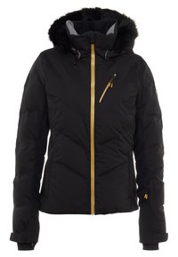 Veste matelassée noire avec capuche en fausse fourrure, fermeture éclair dorée, poche diagonale sur la poitrine et poignets élastiques ; dotée d'un motif matelassé pour l'isolation.