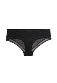 Culotte noire avec un motif à pois, en matière transparente, dotée de délicates bordures en dentelle et d'une taille élastique pour un confort optimal.