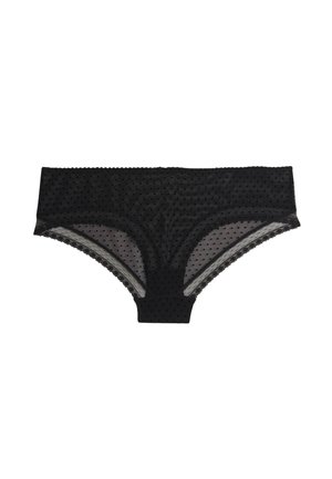 Culotte noire avec un motif à pois, en matière transparente, dotée de délicates bordures en dentelle et d'une taille élastique pour un confort optimal.