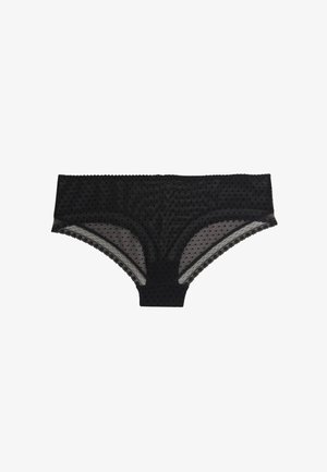 Culotte noire avec un motif à pois, en matière transparente, dotée de délicates bordures en dentelle et d'une taille élastique pour un confort optimal.