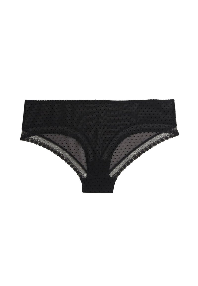 Culotte noire avec un motif à pois, en matière transparente, dotée de délicates bordures en dentelle et d'une taille élastique pour un confort optimal.
