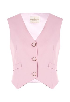 Gilet senza maniche rosa chiaro con scollatura a V, tre bottoni rotondi e due tasche laterali. Realizzato in un tessuto liscio con fodera in satin.