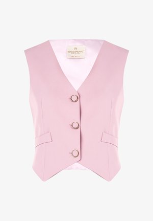 Jasnoróżowa bezrękawnik z dekoltem w serek, trzema okrągłymi guzikami i dwiema bocznymi kieszeniami. Wykonana z gładkiego materiału z satynowym podszyciem.