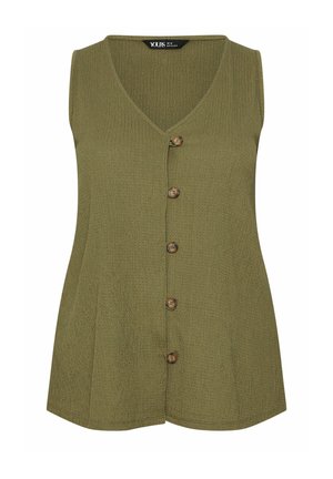 Bezrękawnik oliwkowozielony z guzikami, z dekoltem w serek i pięcioma brązowymi guzikami z przodu, wykonany z teksturowanej tkaniny.