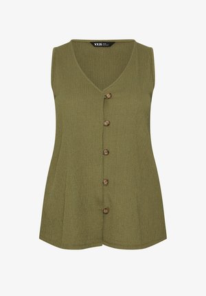 Ærmeløs olivengrøn bluse med knapper og V-hals samt fem brune knapper foran, fremstillet af tekstureret stof.