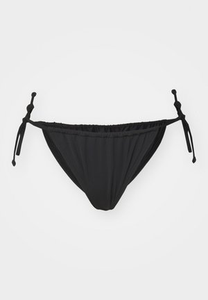 Black bikini bottom with adjustable side ties, made of smooth fabric, featuring a gathered design and minimal coverage. Simple and versatile.