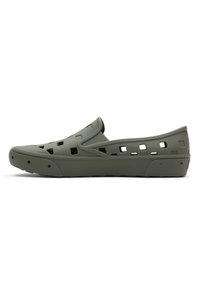 Green rubber slip-on shoe with ventilation holes, rounded toe, and textured sole. Lightweight design with a smooth finish.