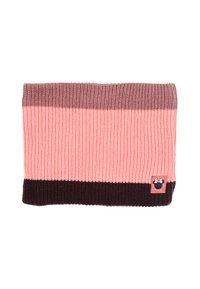 Cuello de lana tejido con rayas alternas en rosa, malva y marrón oscuro. Presenta una pequeña etiqueta negra con un diseño de personaje en la parte inferior.