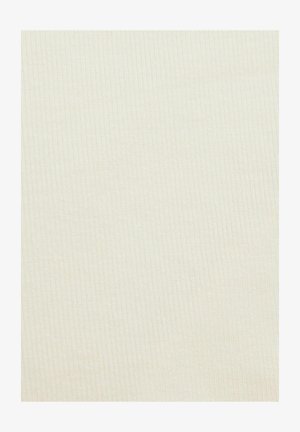 Kremo spalvos raukšlėtas audinys su minkšta, tekstūruota paviršiaus struktūra, rodančia vertikalias linijas. Tinka drabužiams ar apmušalams.