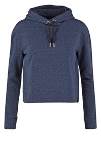Sweat à capuche court bleu marine à manches longues avec cordons noirs sur la capuche.