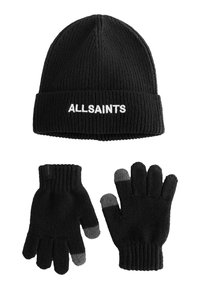Černá pletená čepice s lemem a bílým logem "ALLSAINTS". Pár černých pletených rukavic se šedými konečky prstů a žebrovanými lemy.