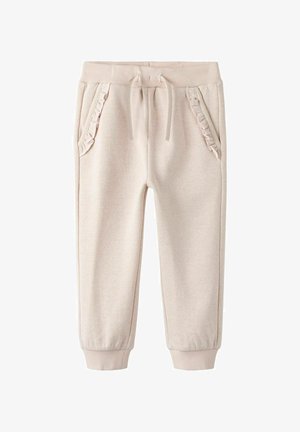 Lichtbeige sweatpants met geribbelde boorden en tailleband, voorzien van een koordsluiting en geplooide accenten op de voorzakken.