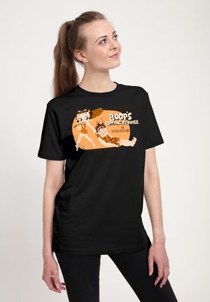 Czarna bawełniana koszulka z kolorowymi graficznymi postaciami w odzieży jaskiniowej, z napisem „Usługi randkowe Boopa” i danymi kontaktowymi.