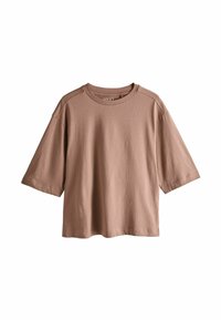 Ruskea ylipitkä lyhythihainen puuvillainen T-paita pyöreällä pääntiellä, rento malli ja näkyvät olkasaumat.