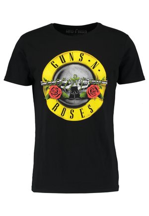 Schwarzes Baumwoll-T-Shirt mit einem großen gelben kreisförmigen Grafikdesign, das einen Totenkopf, rote Rosen und den Text "GUNS N' ROSES" in Schwarz zeigt.