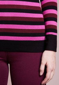 Maglione a righe in tonalità di rosa, nero e bordeaux; texture lavorata a maglia; maniche lunghe; abbinato a pantaloni bordeaux. Mano lentigginosa sul lato.