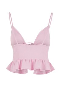 Lyserød, ribbet stoff crop top med tynde stropper og en flæsekant. Har en V-udskæring og justerbare bånd bagpå.