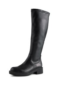 Zwart leren laarzen tot de knie met een ronde neus, een gestructureerde afwerking en een stevige hak. Naaddetails op de schacht voor extra ontwerp.