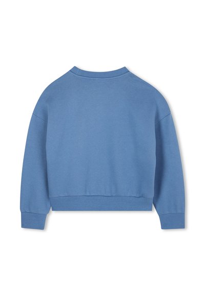 Pull bleu clair à col rond, à manches longues, avec un ourlet côtelé. Fabriqué dans un matériau doux avec une texture lisse. Design simple.