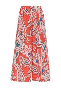 Rote Stoffshorts mit einem Paisleymuster in Weiß, Blau und Grün. Mit einem elastischen Bund und einer lockeren Passform.