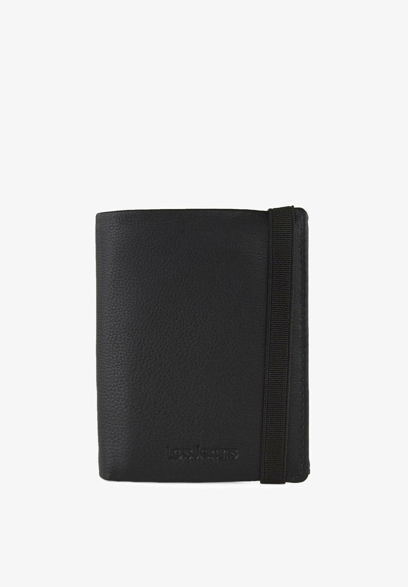 Cartera de cuero negro con un acabado texturizado, que presenta un cierre de banda elástica negra y un logo en relieve en la parte frontal.