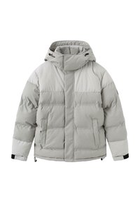 Vaaleanharmaa toppatakki, jossa on huppu, vetoketjullinen etuosa, kaksi sivutaskua ja kontrastiväriset kangaskoristukset hihansuissa.