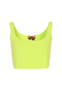 Neon gele cropped tanktop gemaakt van rekbaar materiaal, met een ronde hals en brede schouderbanden. Het label aan de binnenkant toont merk- en maatdetails.