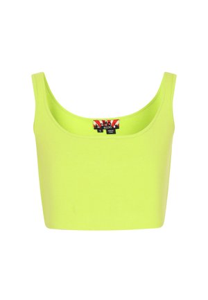 Neon gele cropped tanktop gemaakt van rekbaar materiaal, met een ronde hals en brede schouderbanden. Het label aan de binnenkant toont merk- en maatdetails.
