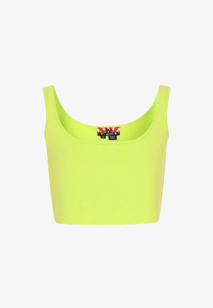 Neon gele cropped tanktop gemaakt van rekbaar materiaal, met een ronde hals en brede schouderbanden. Het label aan de binnenkant toont merk- en maatdetails.