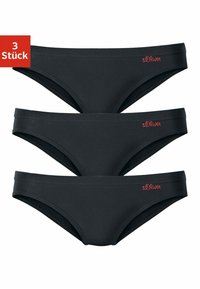 Zwarte bikini slipjes, driepack, gemaakt van een zachte stof. Bevat een logo in het rood op de tailleband en heeft een klassiek zwemkledingontwerp.