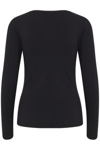 Svart, långärmad, figursydd tröja sedd bakifrån med rund halsringning och utan synliga mönster eller logotyper.