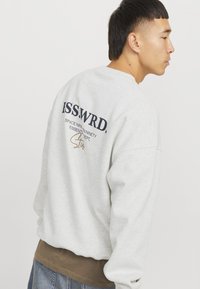 Gray sweatshirt with a crew neck and long sleeves. Back features navy text and gold accent. Layered over a brown shirt, textured fabric.
