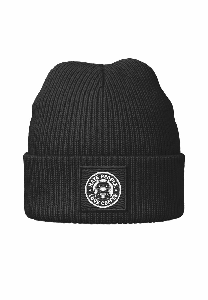 Black knitted beanie featuring a ribbed texture and a fold-over cuff. A circular patch displays a cat graphic with the text “HATE PEOPLE LOVE COFFEE.”
