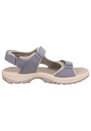 Light blue leather sandals with adjustable straps, cushioned footbed, and a textured, white rubber outsole for traction and comfort.