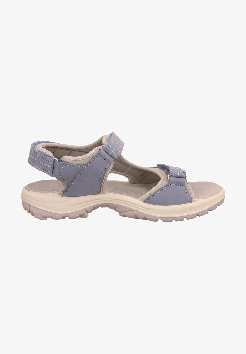 Light blue leather sandals with adjustable straps, cushioned footbed, and a textured, white rubber outsole for traction and comfort.