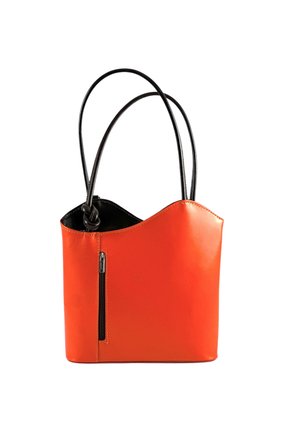 Helle orange Lederhandtasche mit gewölbtem oberen Rand und zwei langen schwarzen Griffen, mit einer vertikalen Reißverschlusstasche auf der Vorderseite.