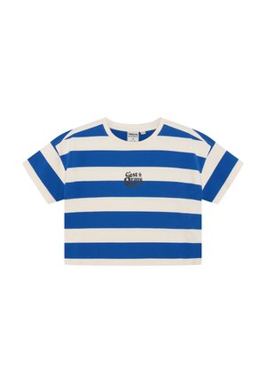 Bijgesneden t-shirt met blauw-witte horizontale strepen, katoenen materiaal, ronde halslijn, en zwarte opdruk met de tekst "C'est grave" op de voorkant.