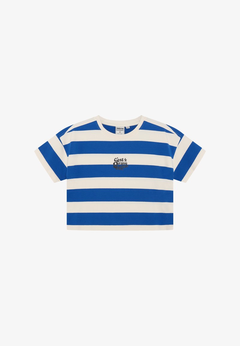 Bijgesneden t-shirt met blauw-witte horizontale strepen, katoenen materiaal, ronde halslijn, en zwarte opdruk met de tekst "C'est grave" op de voorkant.