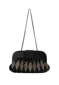 Bolso de mano negro con un patrón de diamantes de cuentas en dorado y plateado. Cuenta con una parte superior de cuero suave y una correa de cadena.