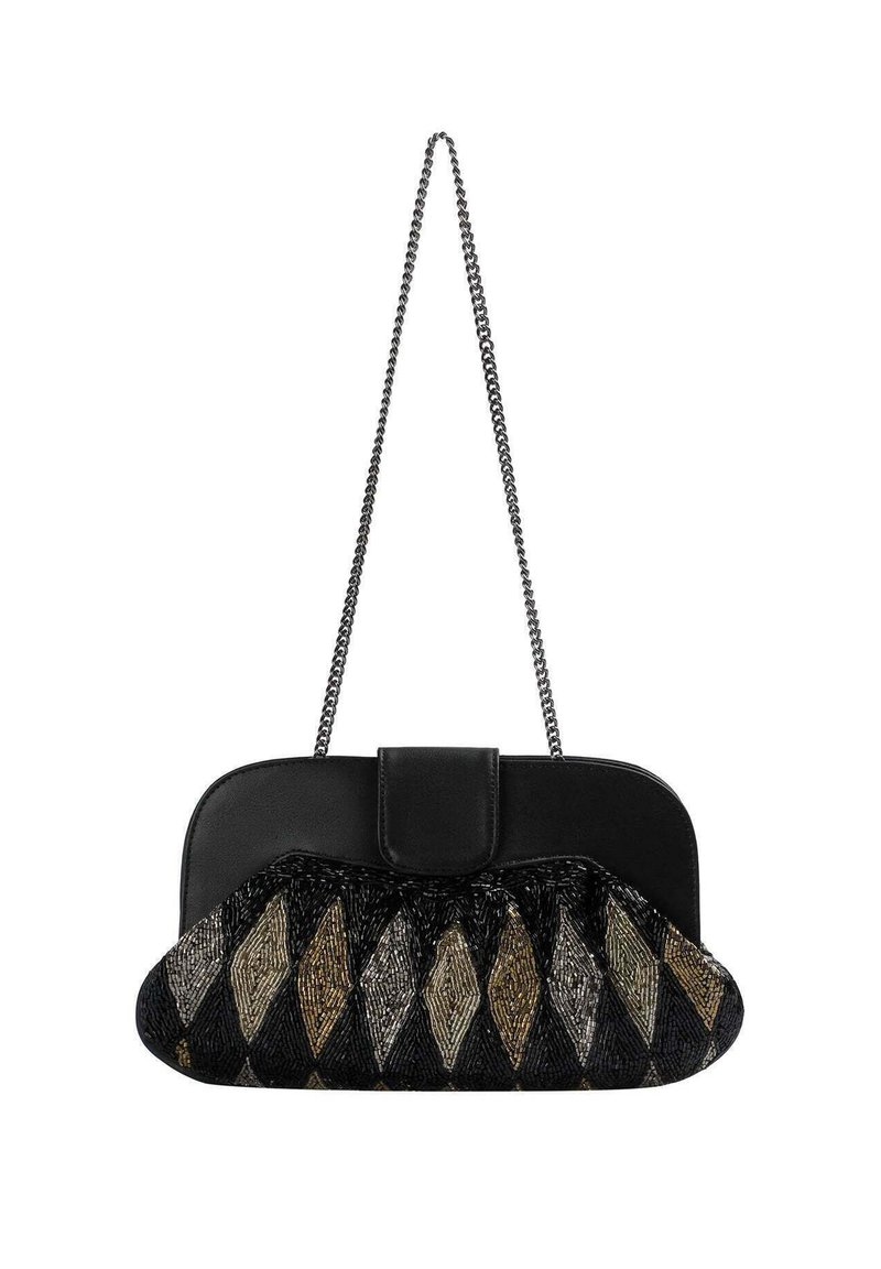 Bolso de mano negro con un patrón de diamantes de cuentas en dorado y plateado. Cuenta con una parte superior de cuero suave y una correa de cadena.